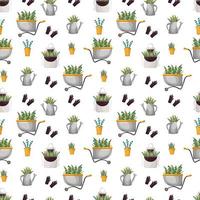 Cute spring pattern of garden tools. Elements for planting indoor plants, seedlings, herbs, apron, pots, watering can, wheelbarrow with flowers. Vector set, icons, stickers home garden.