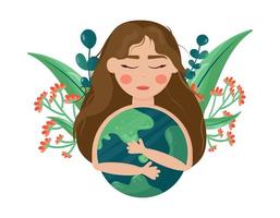 Earth Day is April 22. Banner girl embraces the globe. International Mother Earth Day. Environmental protection. Vector illustration in cartoon style.For printing stickers, posters, postcards.