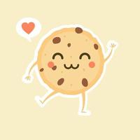 lindo personaje de galleta con chispas de chocolate de dibujos animados con cara divertida. Ilustración de vector de mascota de galleta feliz lindo aislado en blanco. concepto de diseño de menú para niños. Emoticon de comida de cara sonriente y sorprendida