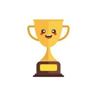 Kawaii and Cute Gold Trophy Vector Icon Illustration. Golden Goblet With Kawaii Face Sport Icon Concept White Isolated. Flat Cartoon Style Suitable for Web Landing Page, Banner, Sticker, Background