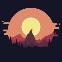 siluetas de ciervo ilustración vectorial paisaje de montañas planas con colinas, puesta de sol, amanecer, pino y silueta de ciervo vector