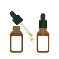Mockup of oil or serum in a closed bottle and in an open bottle with a pipette and a drop of liquid isolated vector illustration. Serum essence bottle with dropper.