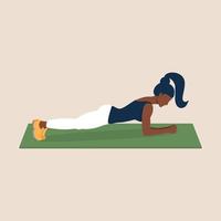 joven afroamericana practica deportes en la alfombra en casa. hermosa mujer negra se para en el tablón, realiza ejercicios para los músculos abdominales. yoga en casa. estilo de vida saludable vector