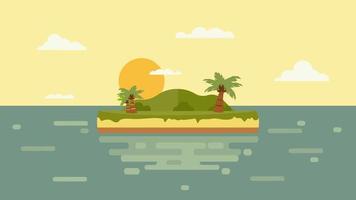 Cartoon view of the island in the sea with mountain landscape with yellow sun with trees on the hills and snow on the peaks under a blue sky with clouds flat design vector illustration