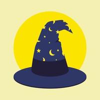 Witch or wizard hat icon. Vector flat illustration, blue color with moon and stars pattern