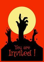 Vector illustration, Flat Style, Horror halloween background, silhouette of zombie hands come out of the ground or the cemetery on top there is a full moon