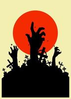 Vector illustration, Horror halloween background, silhouette of zombie hands come out of the ground or the cemetery on top there is a full moon, can use for card, poster, banner, invitation