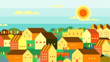 ilustración vectorial del pueblo por la tarde, diseño plano del paisaje urbano vector