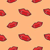 Red female lips with vampire fangs seamless pattern isolated on white background, illustration. Pattern for halloween. Dracula lips vector