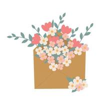 Illustration of a beautiful envelope with flowers. Cute vector doodle, greeting card. A branch with flowers in a closed envelope. Craft paper, hello spring.
