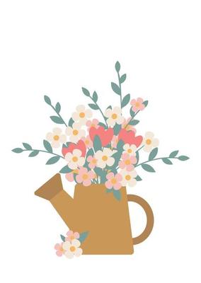 Hand drawn Cute Spring flower bouquet in watering can illustration