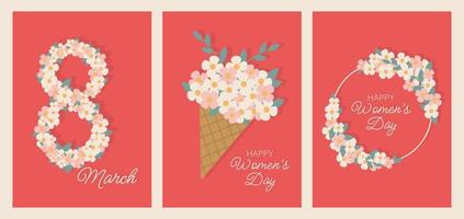 Collection of greeting card or postcard templates with flower bouquet, flower wreath and happy women's day wish. Modern holiday illustration for 8 March holiday. vector