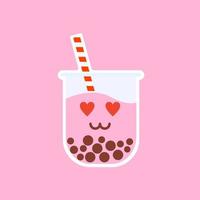 lindo té de leche con burbujas de boba con tapioca. té de leche de perlas, perlas negras deliciosas es famoso en Taiwán. bebida popular. boceto de ilustración vectorial. caricatura de personaje linda pegatina. emoji de dibujos animados kawaii. vector