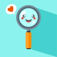 Cute Magnifying Glass Vector Icon Illustration. Searching Items with Smile Face In Magnifying Glass White Isolated. Flat Cartoon Style Suitable for Web Landing Page, Banner, Flyer, Background