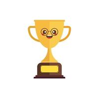 Kawaii and Cute Gold Trophy Vector Icon Illustration. Golden Goblet With Kawaii Face Sport Icon Concept White Isolated. Flat Cartoon Style Suitable for Web Landing Page, Banner, Sticker, Background