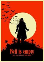 Dracula vintage poster on a cream with full moon. Vampire retro poster and background. Creepy silhouette of a vampire. Stock for the printed flyer, poster, halloween party, greeting card, background vector