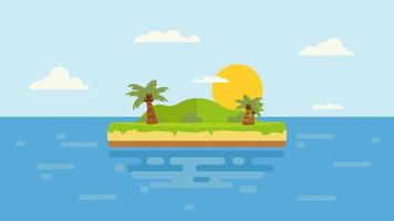 Cartoon view of the island in the sea with mountain landscape with yellow sun with trees on the hills and snow on the peaks under a blue sky with clouds flat design vector illustration