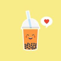 Cute Boba bubble milk tea with tapioca. Pearl milk tea, black delicious pearls is Taiwanese famous. Popular drink. Vector illustration sketch. Character Cartoon. Cute Sticker. Kawaii cartoon Emoji.