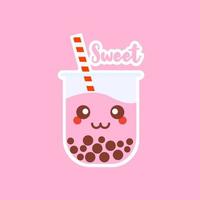 lindo té de leche con burbujas de boba con tapioca. té de leche de perlas, perlas negras deliciosas es famoso en Taiwán. bebida popular. boceto de ilustración vectorial. caricatura de personaje linda pegatina. emoji de dibujos animados kawaii. vector