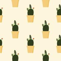 Seamless cactus pattern, succulent potted on soft color background. For fabric, packaging, box, cardboard, packaging paper. Cartoon style vector. Cacti flat design on pastel colors vector