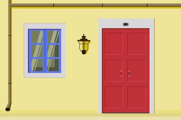 The facade of the house with a door and a window. Flat design, illustration