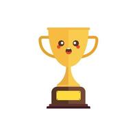 Kawaii and Cute Gold Trophy Vector Icon Illustration. Golden Goblet With Kawaii Face Sport Icon Concept White Isolated. Flat Cartoon Style Suitable for Web Landing Page, Banner, Sticker, Background