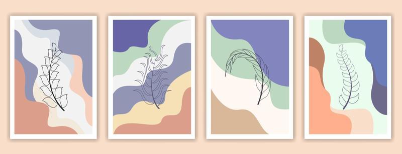 Botanical wall art. Abstract organic vector shapes, leaves, plants. Set of natural templates, covers, posters, greeting cards, frames, backgrounds in doodle style. Simple, stylish, minimal design.