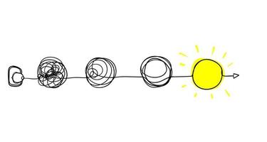 conjunto de símbolos de ovillo desordenados dibujados a mano línea de símbolos con elemento redondo garabateado, concepto de transición de lo complicado a simple, aislado en la ilustración de vector de fondo blanco.