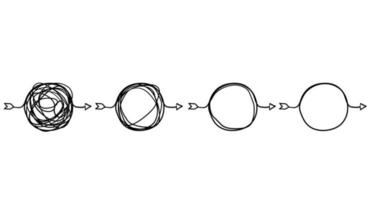 conjunto de símbolos de ovillo desordenados dibujados a mano línea de símbolos con elemento redondo garabateado, concepto de transición de lo complicado a simple, aislado en la ilustración de vector de fondo blanco.