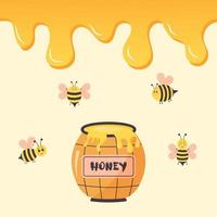 fondo de gotas de miel, tarro de miel y abejas lindas. diseño de alimentos saludables y orgánicos de miel. vector