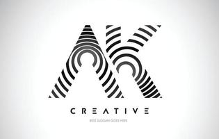 AK Lines Warp Logo Design. Letter Icon Made with Black Circular Lines. vector