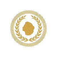 antigua moneda griega de oro con cabeza de mujer de silueta, corona de laurel, patrón de borde etiqueta vintage insignia emblema logotipo diseño vector