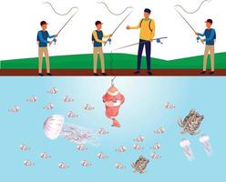 4 People doing Fishing art with fishes, tortoise vector