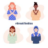 Set of women with crossed arms. Break The Bias for International Women's Day. March 8. Vector illustration in flat style.