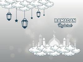 ilustración de fondo de iluminación de ramadán mubarak realista y tarjeta de felicitación con mezquita en la nube vector