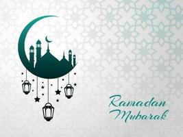 Religious ramadan kareem islamic pattern and decorative lanterns background with mosque vector