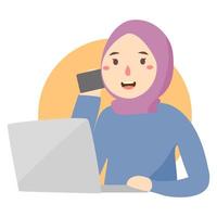 woman hijab working on laptop vector