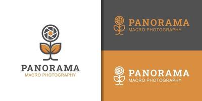 fotografía macro de cámara con diseño de logotipo floral para flor de obturador y vista exterior vector