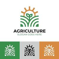 agricultura lineal moderna con plantas naturales y sol para el diseño del logo de los granjeros vector