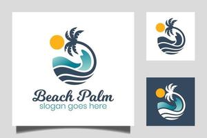 ola de agua redonda en el océano, diseño de logotipo de palmera de playa con símbolo de sol para vacaciones, vacaciones, vector de icono de verano