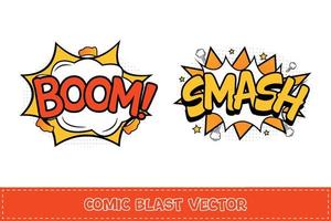 boom explosión cómica con color rojo, blanco y amarillo. aplastar explosión cómica con color amarillo y blanco. explosión cómica con colorido boom y smash. Burbujas de explosión de auge para discursos de dibujos animados. vector