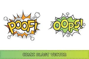 Poof comic explosion with white and yellow color. Oops, comic pop-up with light green, yellow, and white color. Comic burst with colorful Oops and Poof. Poof explosion bubbles for cartoon speeches. vector