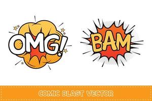 Bam comic explosion with yellow and red color. OMG comic blast with orange, yellow, and white colors. Comic burst explosion with stars. Bam explosion bubbles for cartoon speeches. OMG cloud bubble. vector
