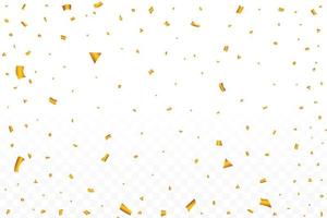 Golden party tinsel and confetti falling. Anniversary celebration. Gold color confetti falling isolated on transparent background. Carnival elements. Confetti vector for festival background.