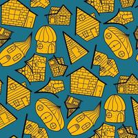 Seamless vector pattern of black and yellow doodle-style houses on a green background.