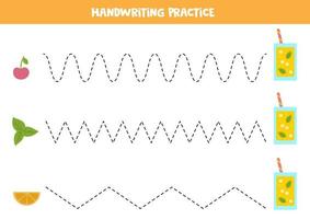 Tracing lines with cute summer cocktails. Writing practice. vector