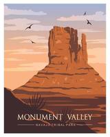 fondo del ejemplo del vector del parque nacional del valle del monumento. viaje a Monument Valley, Red Sand, Arizona, Utah, Estados Unidos de América. ilustración vectorial de dibujos animados plana.