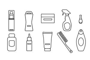 Simple set with icon of  beauty products. Such as cream,shampoo, spray, comb, balm, oil, lotion and other. Line style. vector