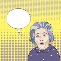 The elderly woman exclaims. Surprised face, shock. Retro background. Dots, place for advertising message text. Pop art. Amazed old woman vector