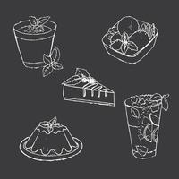 conjunto de postres, dibujados a mano sobre un fondo oscuro. postres y bebidas dibujados con tiza en una pizarra negra. diseño de restaurante de menú. cepillo de textura irregular. vector